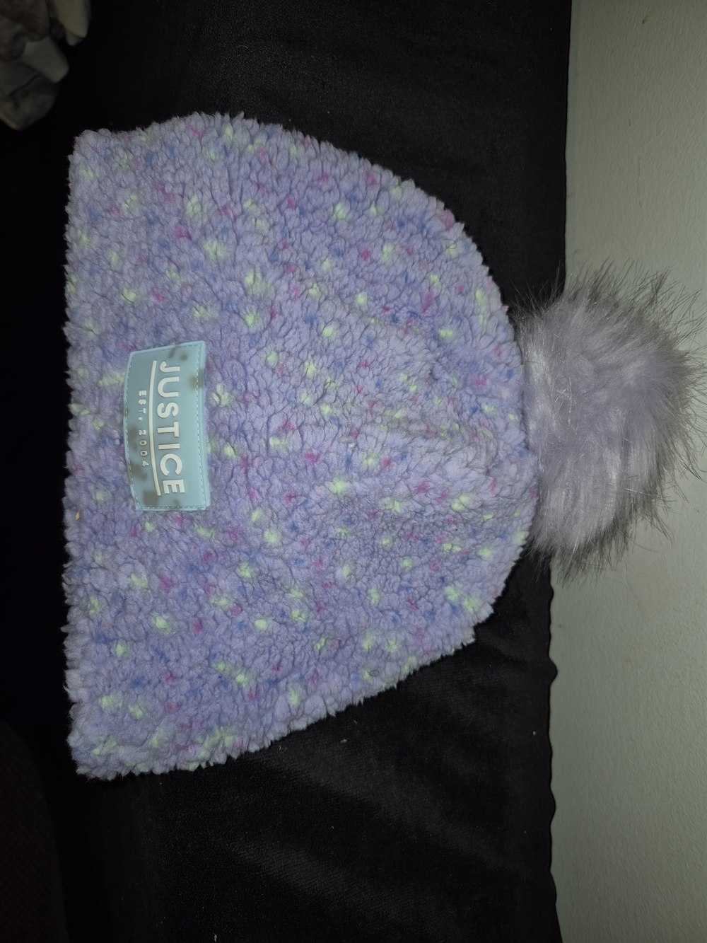 Justice Lavender Sherpa Beanie with Multicolor Speckles & Faux Fur Pom